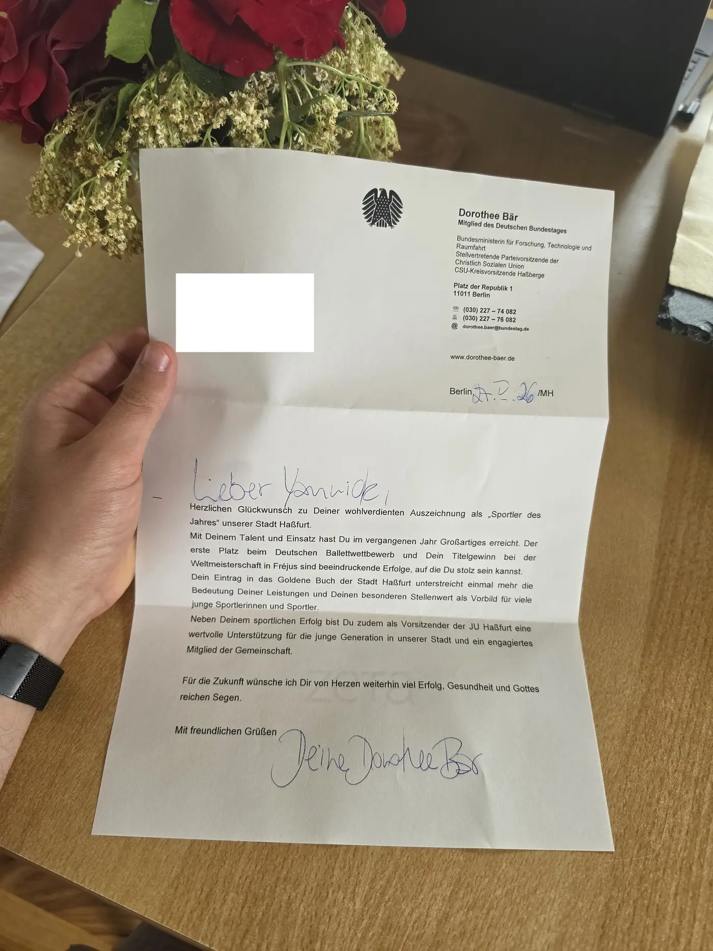 Glückwunschschreiben von Dorothee Bär MdB zum Weltmeistertitel